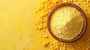 Corn flour on brown wooden bowl and some corn vegetable for food, gluten free copy space photo