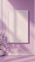 White blank frame mockup and purple wall and wooden floor living room story portrait background photo