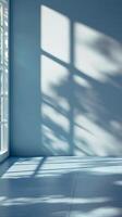 Blue wall with shadow sun light from window empty room minimalist story background photo