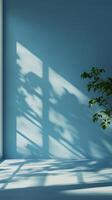 Blue wall with shadow sun light from window empty room minimalist story background photo