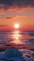 Beauty sunset orange sky in ocean north pole with melting ice chunks story background photo