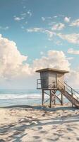 Lifeguard building tower on beach with blue sky and marine photo