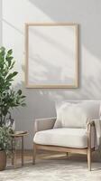White blank frame mockup and whitewall and wooden floor living room story portrait background photo