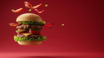 Burger flying with lettuce, cheese, beef, bun bread and chili on red background photo