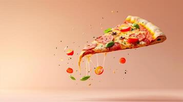 Pizza with cheese and sausage slice flying on solid background photo