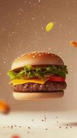 Burger flying with lettuce, cheese, beef, bun bread and chili on solid background photo