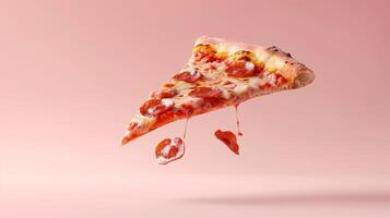 Pizza with cheese and sausage slice flying on solid background photo
