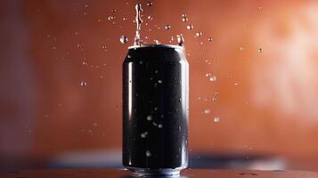 Black plain soda can fly in water with bubble, liquid cylinder container drink photo