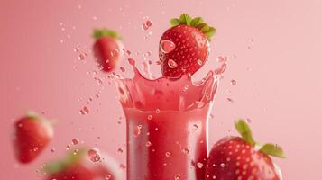Red strawberry fruit juice in water with splashing bubble organic fresh nutrition healthy lifestyle photo