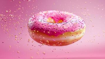 Sweet sprinkle of Strawberry cream topping donut fries snack food flying for tea time photo