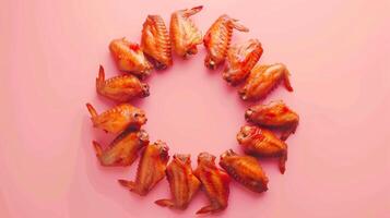 Circular arrangement of Chicken wings juicy grill meat copy space solid background photo
