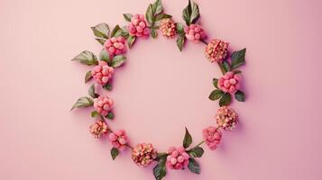 Flat lay circular arrangement of cloudberries vegetable fruit for natural ingredient, copy space photo