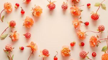 Flat lay circular arrangement of cloudberries vegetable fruit for natural ingredient, copy space photo