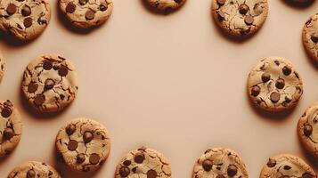 Circular arrangement of Chocolate chip cookies sweet snack, copy space pink background photo