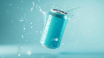 Blue drink tin blank container in water with splashing bubble for mockup promotion product photo
