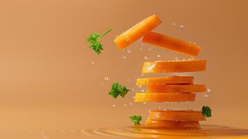 Carrot slices vegetable flying in water with bubble natural organic gardening photo