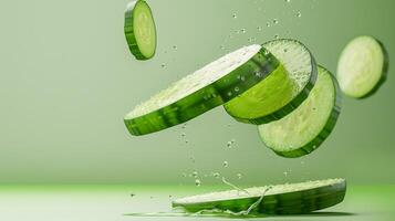 Cucumber slices vegetable flying in water with bubble natural organic gardening photo