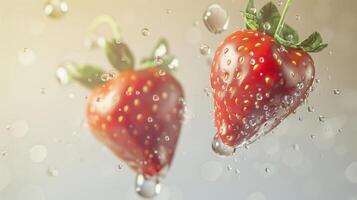 Strawberry fruit flying in water with bubble, organic botanical gardening real food photo