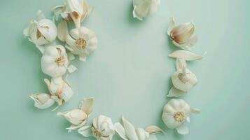 Garlic seasoning for delicious cooking recipe copy space pastel background photo