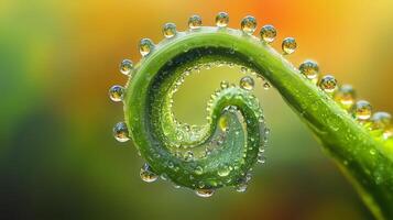Closeup fern spiral with water dew drops on portrait green blurred bacground photo