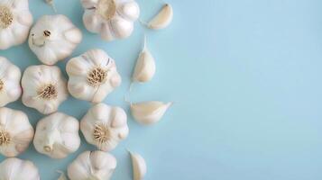 Garlic seasoning for delicious cooking recipe copy space pastel background photo