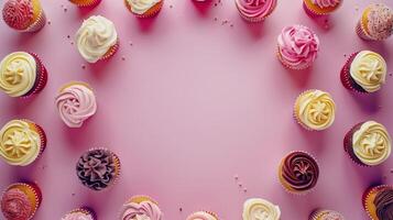 Circular arrangement sweet cupcake topping cream copy space black in center pink background photo