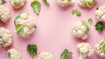 Cauliflower vegetable organic natural botanical garden, circular arrangement copy space pink background photo