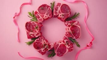 Fresh beef slices meat for grilled steak cooking party, circular arrangement copy space photo