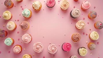 Circular arrangement sweet cupcake topping cream copy space black in center pink background photo