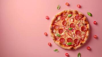 Pizza mini meal flat dought bread with sausage, mint and mozarella copy space pink background photo