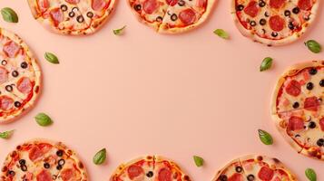 Pizza mini meal flat dought bread with sausage, mint and mozarella copy space pink background photo