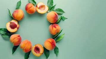 Peach fruit slice organic botanical harvesting copy space blank center circular arrangement photo