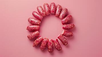 Sausage beef grilled or smoked for barbeque party circular arrangement pink background photo