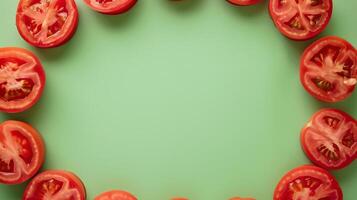 Tomato organic fresh vegetable seasoning copy space in middle and green background photo