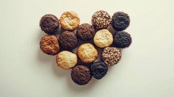 Sweet muffin cake are arranged in a heart-shaped arrangement flat lay view photo