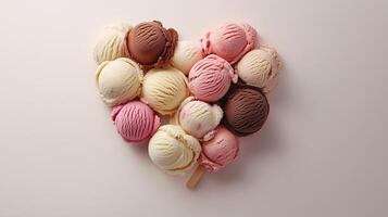 Sweet ice cream scoops are arranged in a heart-shaped arrangement flat lay view photo
