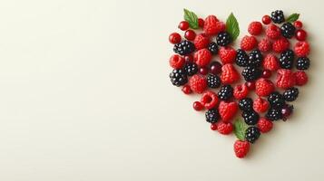 Raspberry and blackberry fruit are arranged in a heart-shaped arrangement copy space photo