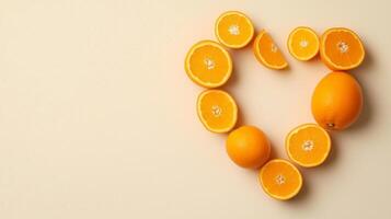 Orange fruit arranged in the shape of a heart copy space blank background photo