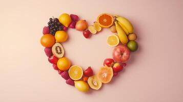 Some fruits are arranged in a heart-shaped arrangement copy space photo