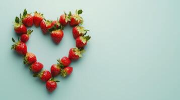 Strawberry red fruit arranged in the shape of a heart copy space blank background photo