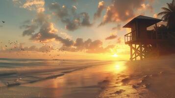 Yellow sunset on beach with sun, palm tree and ocean water photo