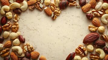 Variation nuts love shape arrangement copy space for greeting poster photo