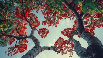 Captivating tree trunk wood with red blossom from low angle view perspective and blue sky photo