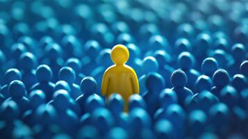 A yellow figure stands out from a crowd of blue people photo