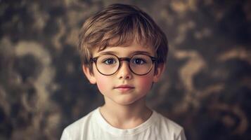 A young boy wearing glasses and a white t - shirt photo