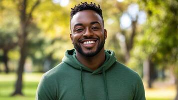 A smiling black man in a green hoodie photo