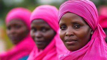 A group of women wearing bright pink headscarves photo