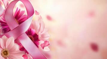 Pink ribbon and flowers on a pink background photo