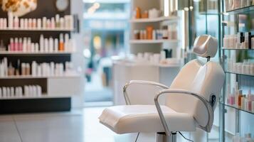 A salon chair in front of a shelf of beauty products photo