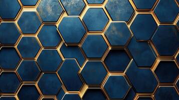 A blue and gold background with hexagonal shapes photo